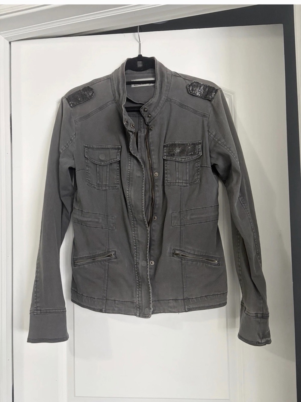 Vintage Havana Gray Utility Jean Jacket with Embellished Shoulder Tabs